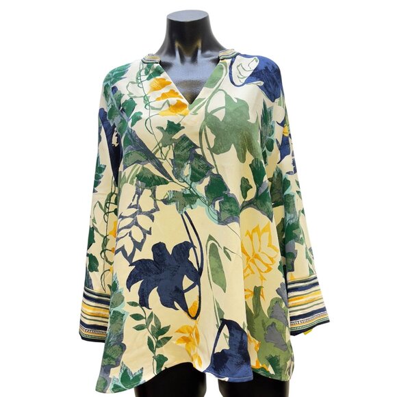 Chico's Floral Print Pullover Blouse CrmGrnNavy Size 4 - Picture 1 of 5